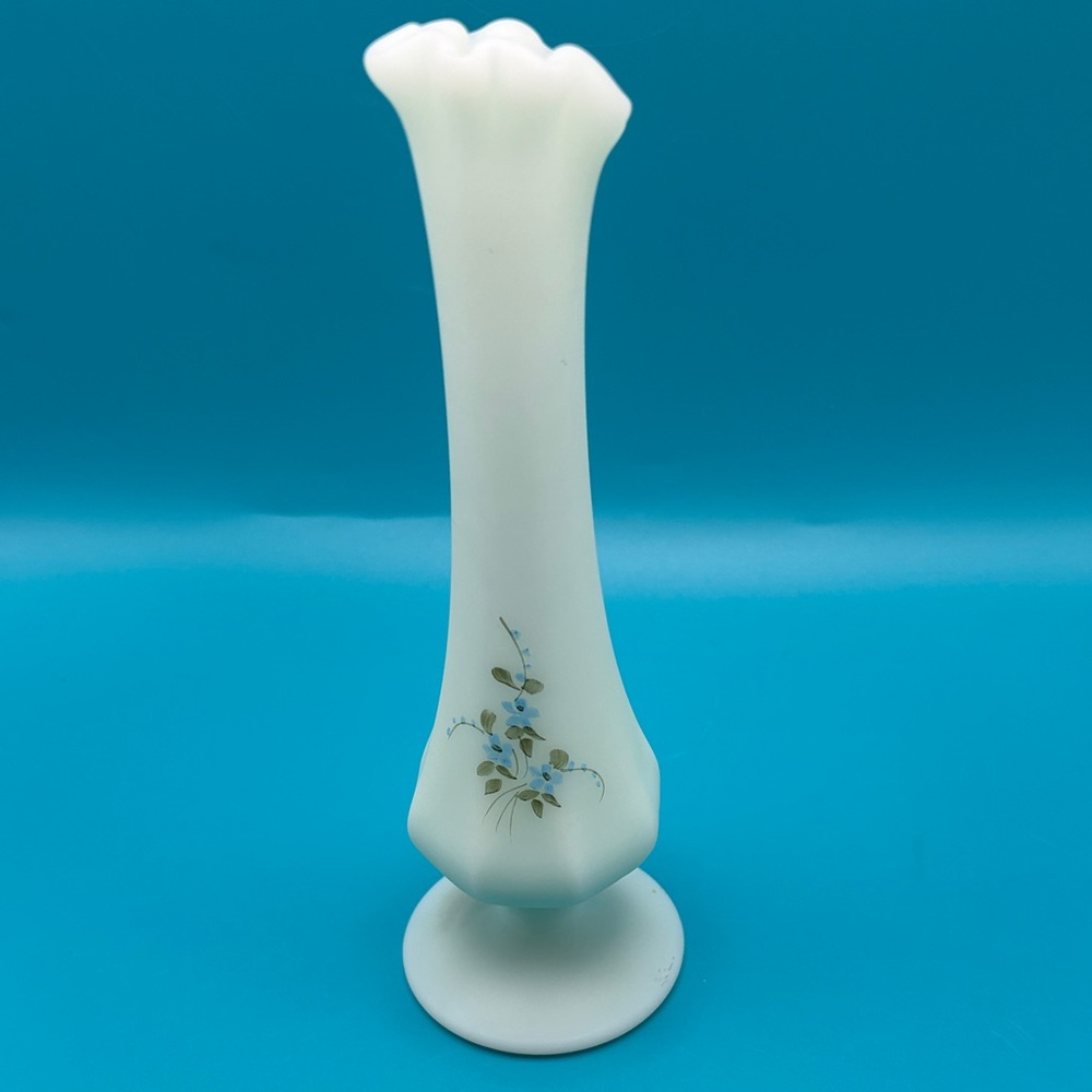 Vintage Fenton Blue Satin Custard Glass Bud Vase Hand Painted And Signed